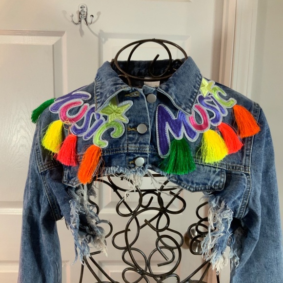 Music Embroidered Denim Tassel Multicolor Crop Jean Jacket Plus Size 3X - Picture 5 of 11